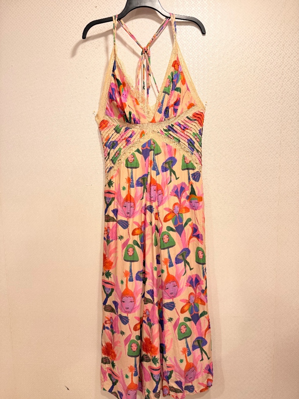 Farm Rio Fairies Sand Viscose Slip Midi Dress Boho Tropical Vacation Size Medium - Picture 2 of 16